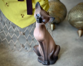 Vintage Siamese cat statue mid century ceramic pottery kitty with blue rhinestone sparkly eyes 13 inch tall