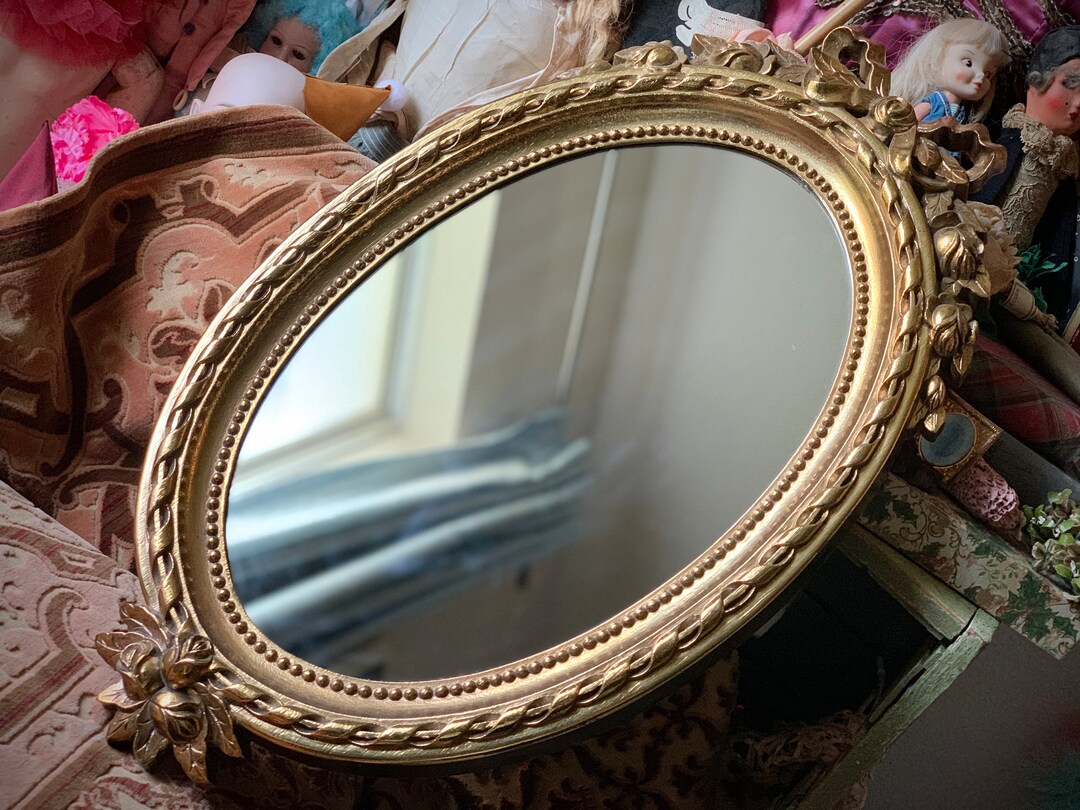 Vintage Ornate Gold plastic Wall Mirror Mid Century Floral Oval Mirror