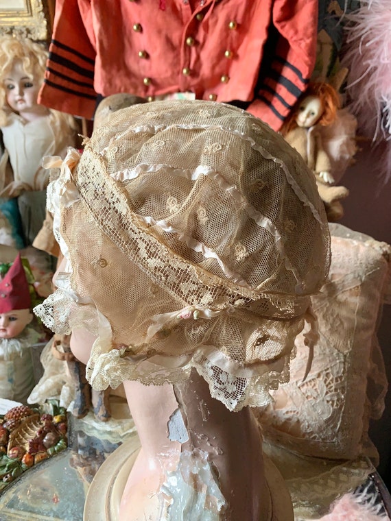 Antique ace and silk ribbon bed cap old flapper n… - image 3
