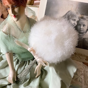 Vintage powder puff wand old feather swans down flapper shabby beauty puff with handle