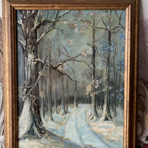 Vintage forest painting original signed art on canvas winter snow landscape frame wall artwork snowscape shops with trees