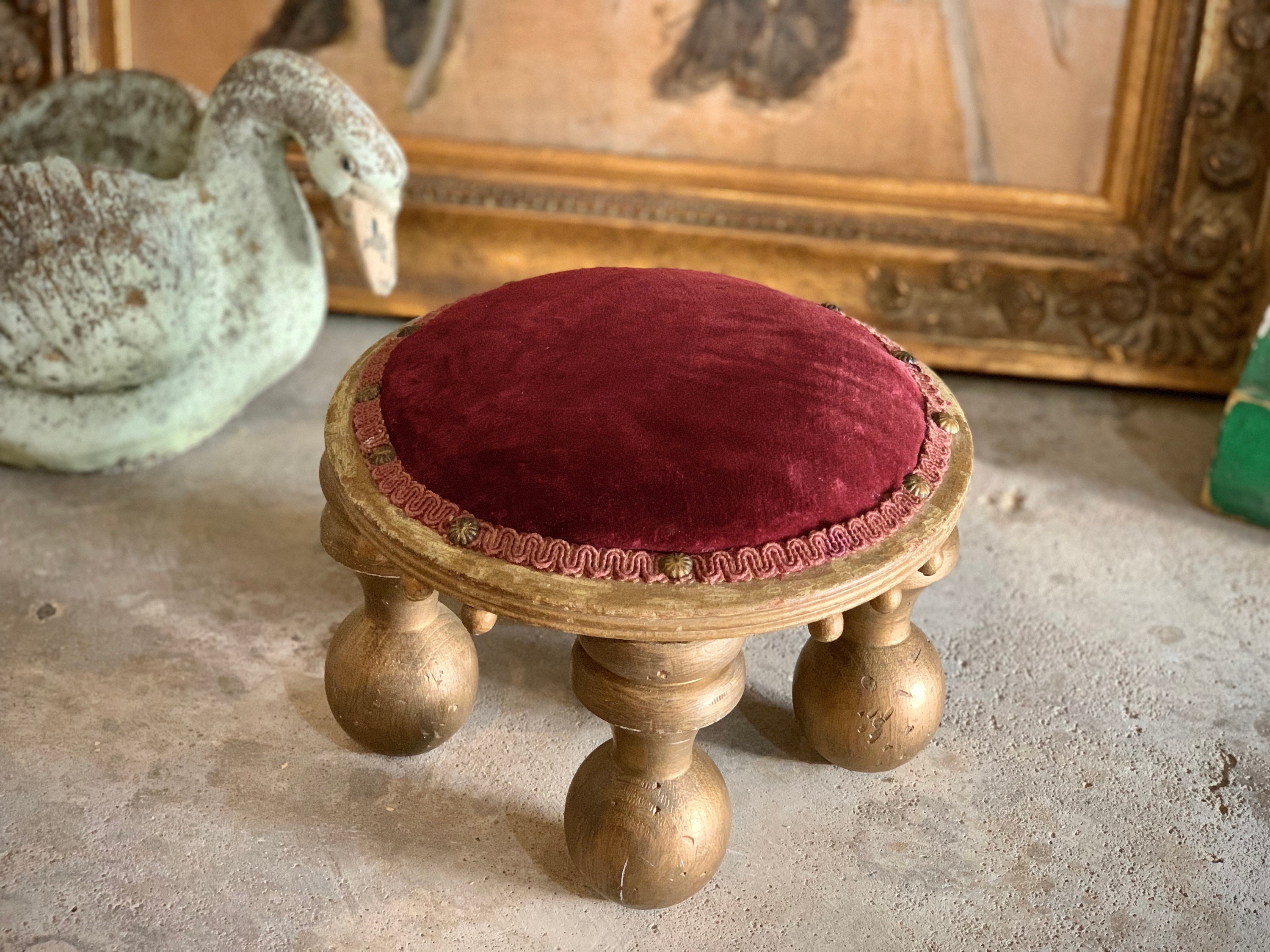 Vintage Footstool Small Red Velvet Antique Mini Wood Stool Vintage Footstool Small Red Velvet Antique Mini Wood Stool