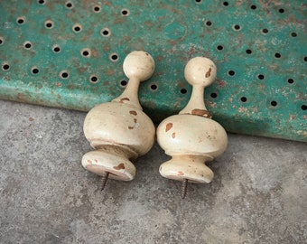 Vintage pair wood finials chippy paint salvaged furniture parts topper decoration