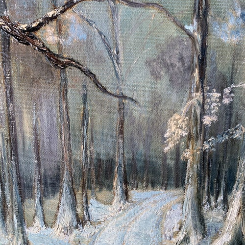 Vintage forest painting original signed art on canvas winter snow landscape frame wall artwork snowscape shops with trees