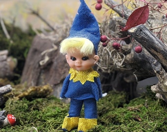 Vintage blue gold elf ornament retro Japan blond Christmas doll figurine holiday decoration 5 inch tall