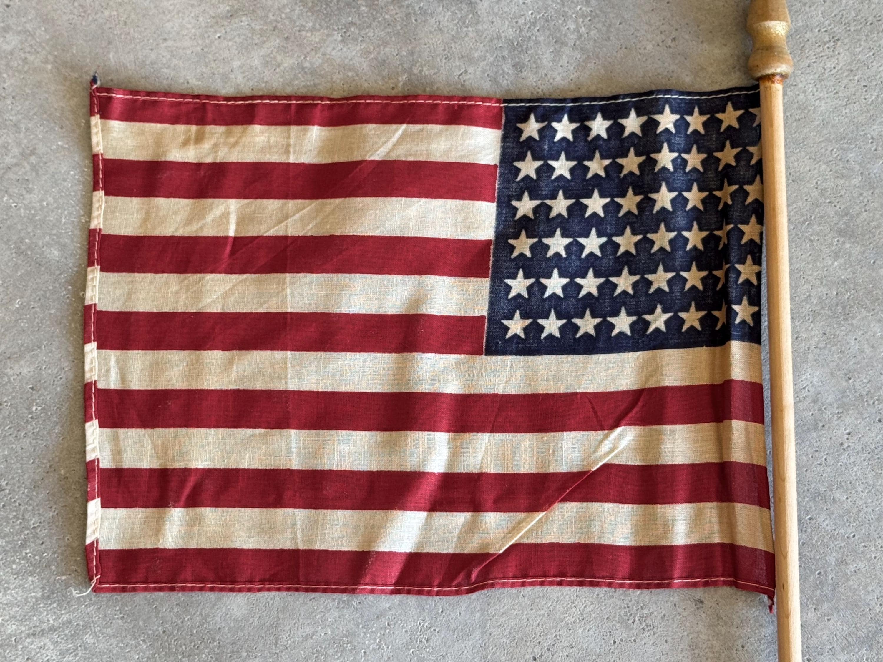 Vintage 48 Star American Flag on Wood Stick - Miniature Parade