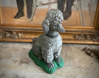 Vintage concrete poodle statue old weathered painted cement garden puppy dog