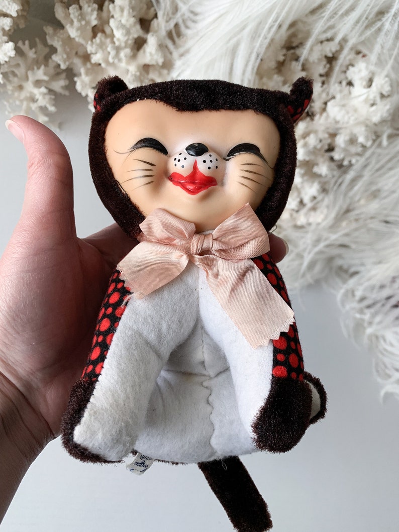 Vintage mini stuffed kitten small rubber face cat retro Japan polka dots and velvet sleepy smiling miniature cat plush
