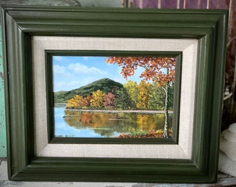 Vintage mini original landscape painting signed miniature mountain water forest landscape 9.5 x 11.5 inch frame