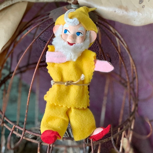 Vintage elf ornament mache face small felt pixie gnome figurine Christmas decoration 5.5 inch tall