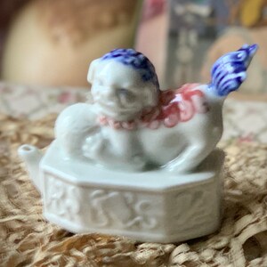 Vintage miniature foo dog figurine porcelain mini dragon with ball incense holder 3.5 inch long