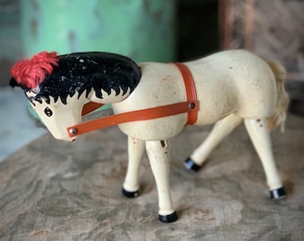Vintage wooden toy horse jointed painted wood toy circus pony