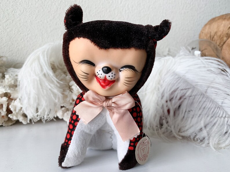 Vintage mini stuffed kitten small rubber face cat retro Japan polka dots and velvet sleepy smiling miniature cat plush