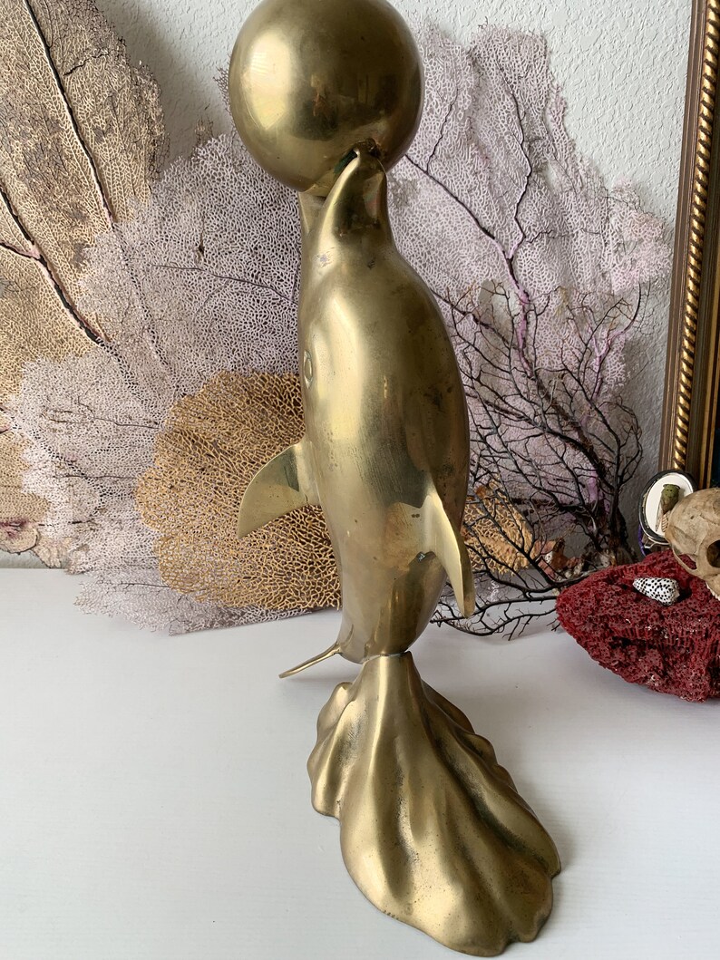 Vintage large brass dolphin statue modern dolphin with ball in mouth fun beach cottage decor big fish sphere sculpture 16.5 inch