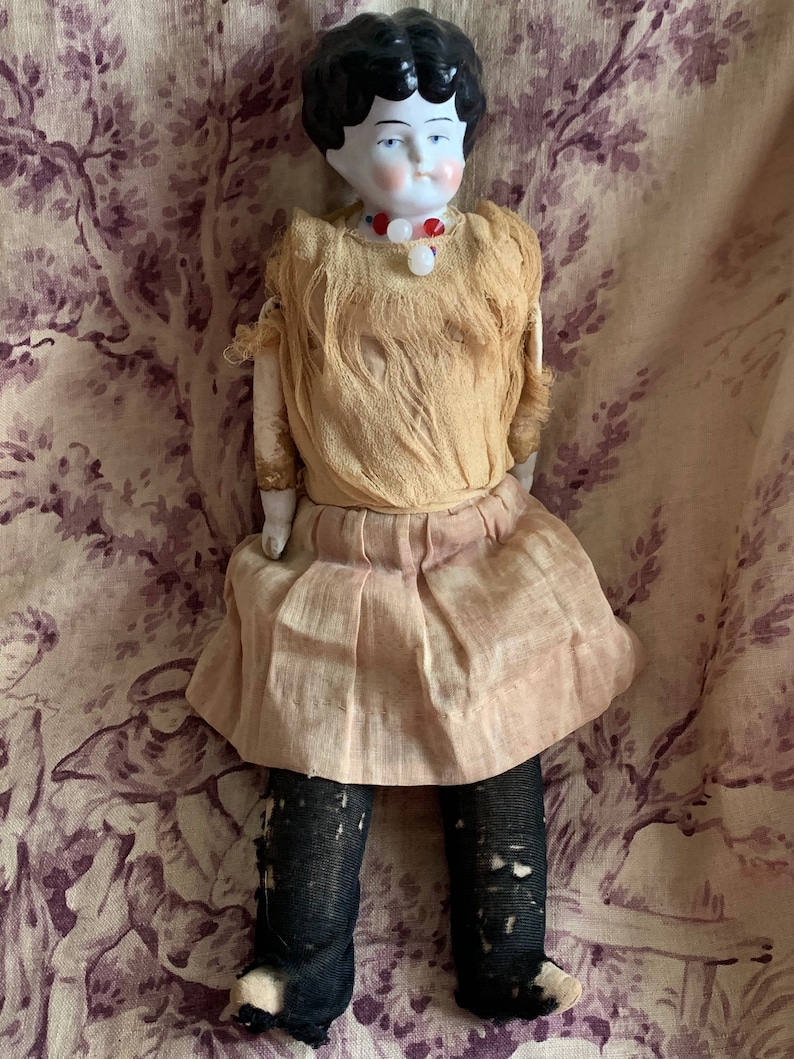 Antique German china doll small old shabby porcelain head doll 13.5 inch image 2