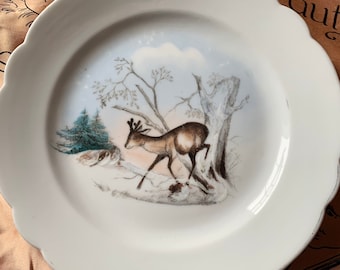Vintage small baby deer plate shabby porcelain fawn reindeer dish almost 7.75 inch