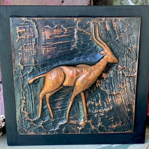 Vintage antelope art plaque signed copper relief wall art modern 3-d wall hanging picture