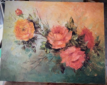 Vintage original flower painting colorful floral art on canvas wall hanging signed artwork 16 x 20 inch