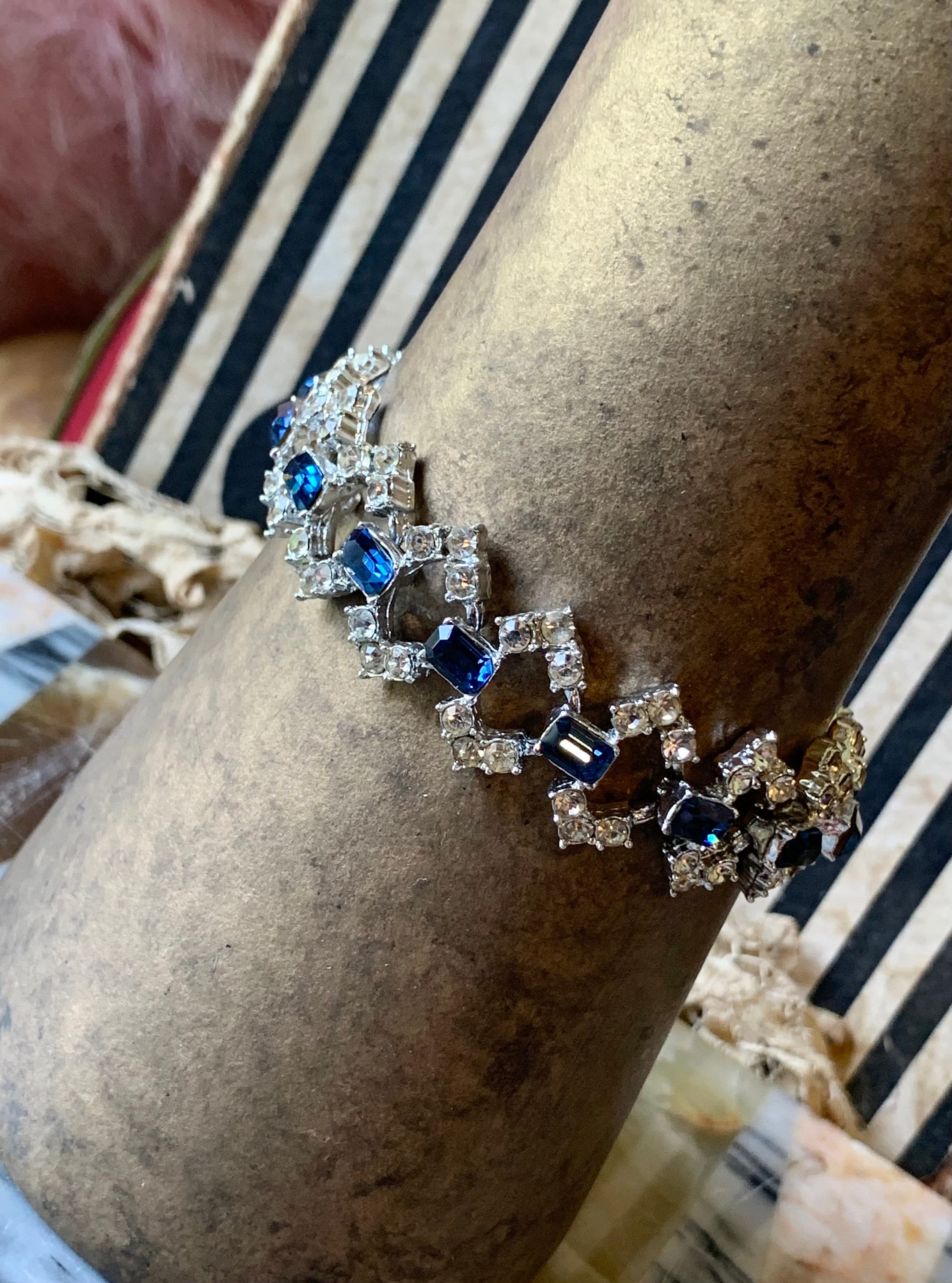 Vintage Rhinestone Bracelet Astra Silver Tone Metal Dark