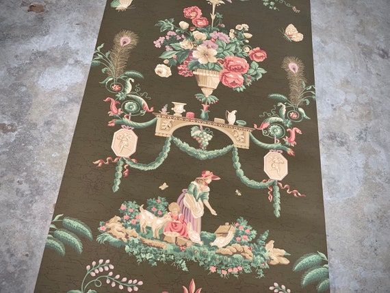 Vintage wallpaper roll Schumacher opened roll pastoral floral wall paper covering
