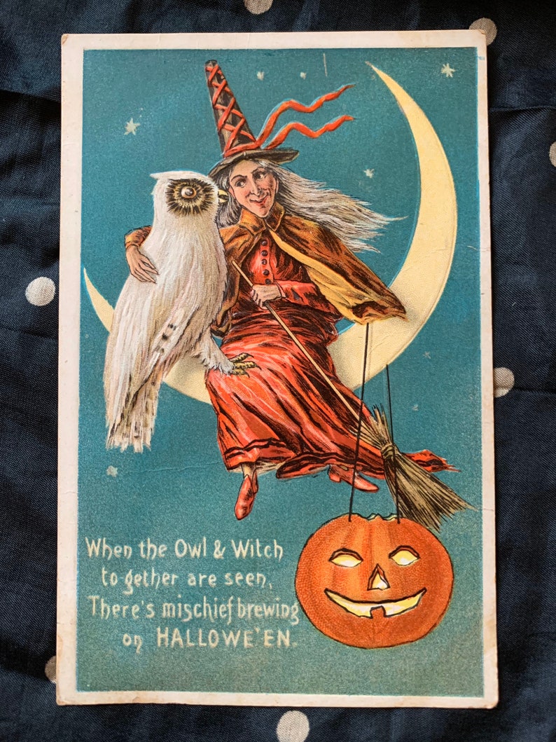 Antique Halloween Postcard Witch on Crescent Moon With Owl and Etsy