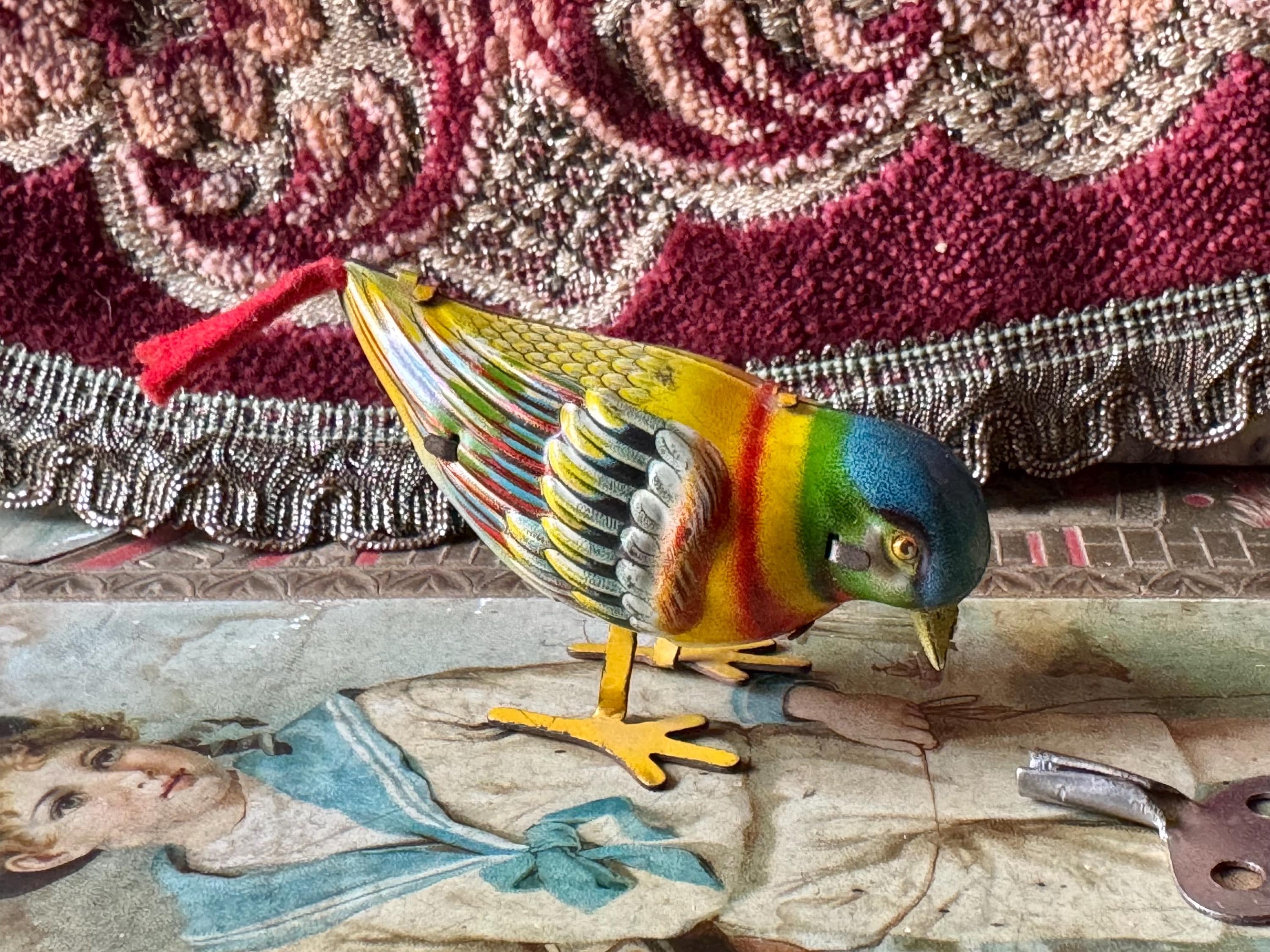 Vintage German tin toy bird windup pecking mechanical bird