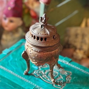 Antique French box ornate metal hinged footed incense case 5.25 inch tall