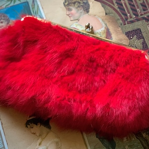 Vintage red fur purse small St Thomas retro evening clutch party handbag 8 inch long