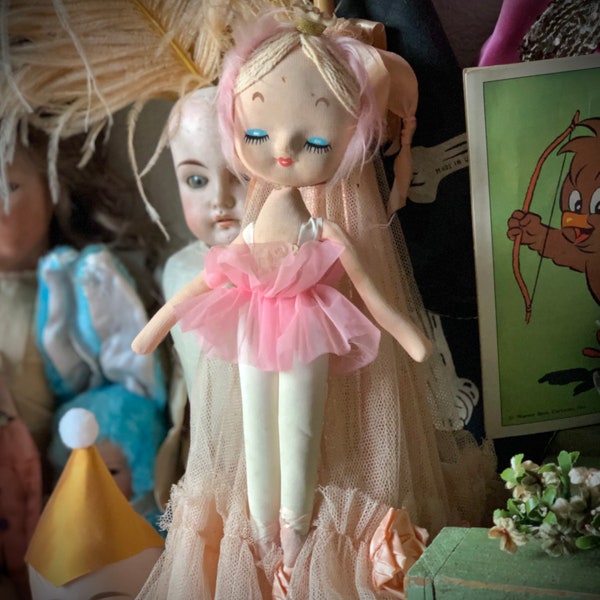Vintage shabby pink ballerina doll retro Holiday Fair Japan pixie girl ornament 9.5 inch tall