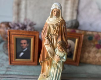 Vintage religious statue plaster Saint St Anne and child Mary