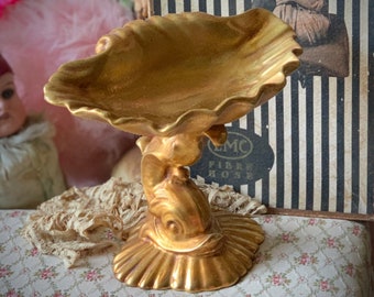 Vintage gold seashell and fish dish small ceramic tray small koi dolphin clam shell pedestal stand 6.75 inch tall