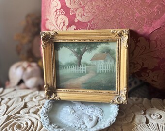 Vintage miniature painting original landscape signed gold framed art