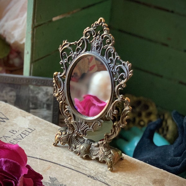 Vintage miniature mirror Italian filigree metal mirror ornate mini easel mirror on stand 7.5 inch tall