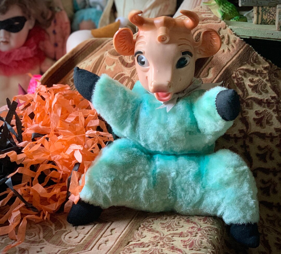 Vintage Rubber Face Cow Elsie Borden Retro Stuffed Animal Aqua Blue