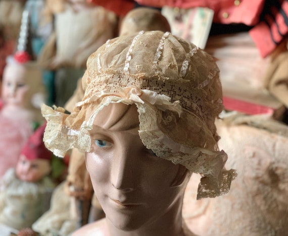 Antique ace and silk ribbon bed cap old flapper n… - image 1
