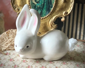 Vintage bunny figurine cute small ceramic pink ear cotton tail Easter rabbit decoration 5 inch long