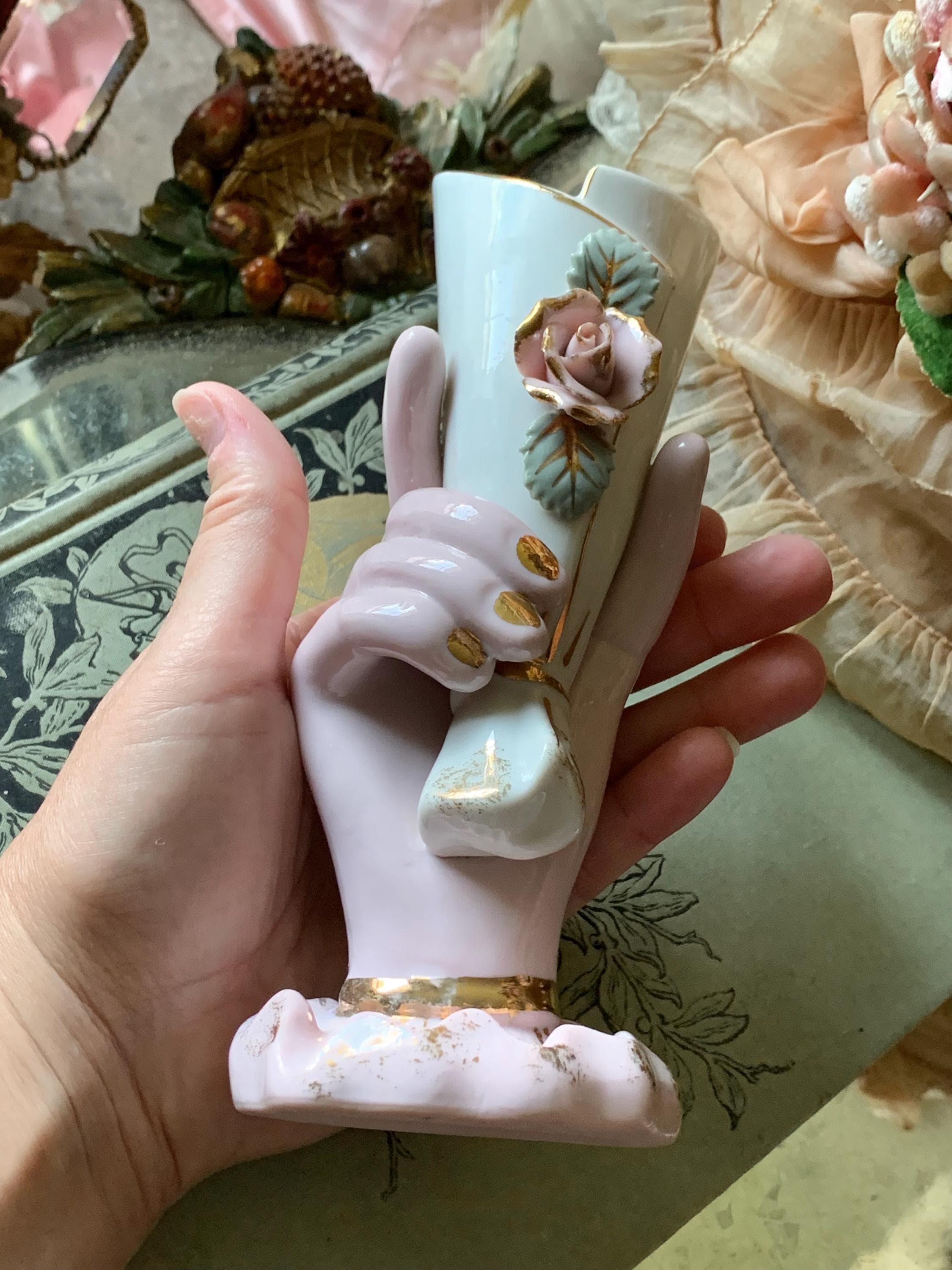 Vintage Porcelain Hand Vase Ladies Figural Holding Flower - Etsy