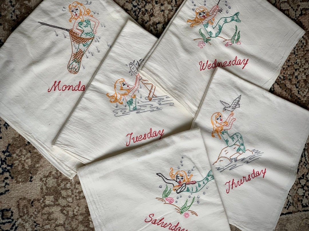 Vintage Mermaid Tea Towels Mid Century Embroidered Shabby Set Kitchen