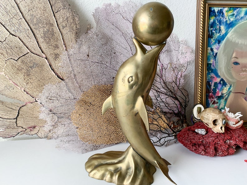 Vintage large brass dolphin statue modern dolphin with ball in mouth fun beach cottage decor big fish sphere sculpture 16.5 inch