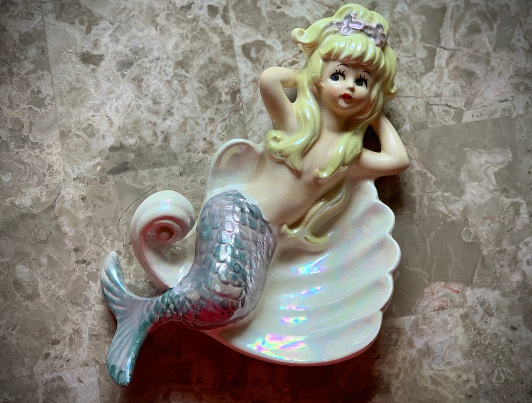 Vintage Mermaid Wall Plaque Retro Ceramic Blond Pinup Girl Lusterware