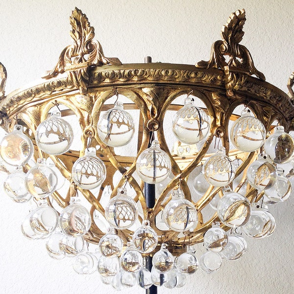 Vintage ornate chandelier lighting shade antique gold brass glass crystal ball deco fancy pendant light