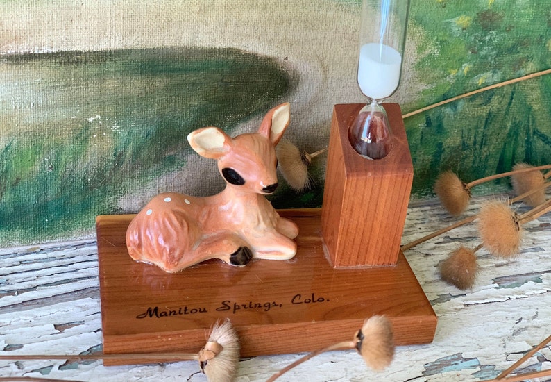 Vintage mini baby deer timer miniature souvenir fawn hourglass figurine 2.5 x 4 inch