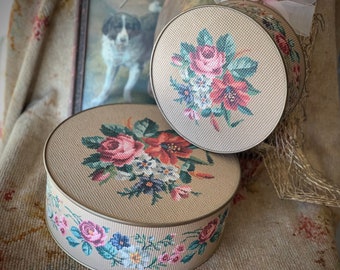 Vintage pair floral tins small Guildcraft flower round lidded faux needlepoint display boxes set