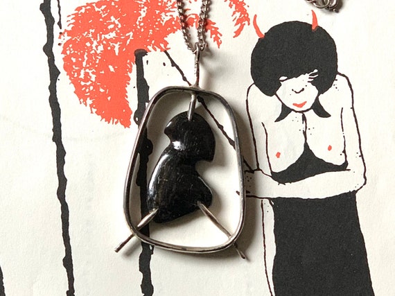 Vintage modern necklace geometric dark carved woo… - image 1