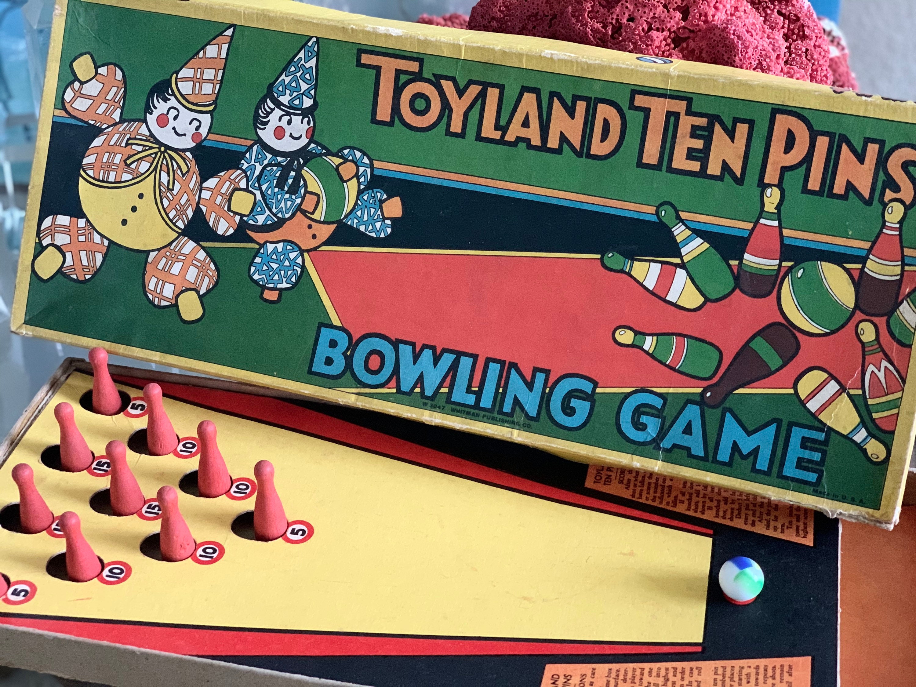 vntg 1940s DUCK PINS GAME bowling WOOD WOODEN toy balls tabletop