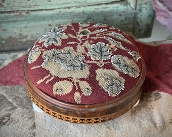 Antique age worn beaded foot stool small wood glass footed stool plateau display stand 10.5 inch wide