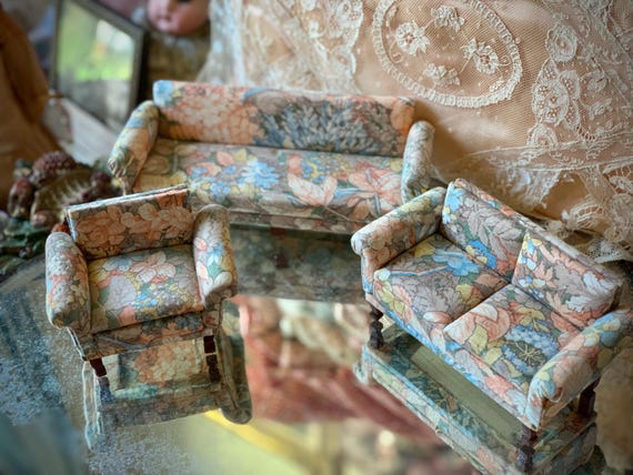 * vintage miniature ❀ 菜の花色の可愛い花柄 ソファ set Vintage Miniature Dollhouse Furniture Set Retro Mini Floral