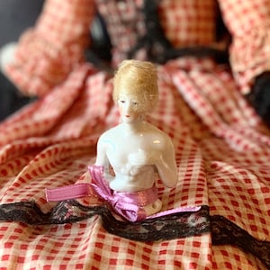Vintage German half doll antique porcelain pincushion topper doll 2.5 inch tall