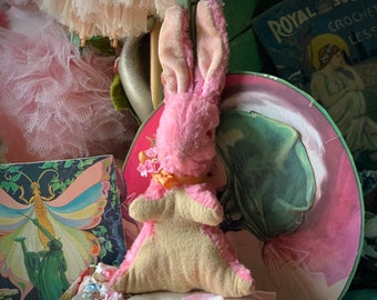 Vintage shabby stuffed rabbit miniature pink plush Easter bunny with glass eyes 9.5 inch tall