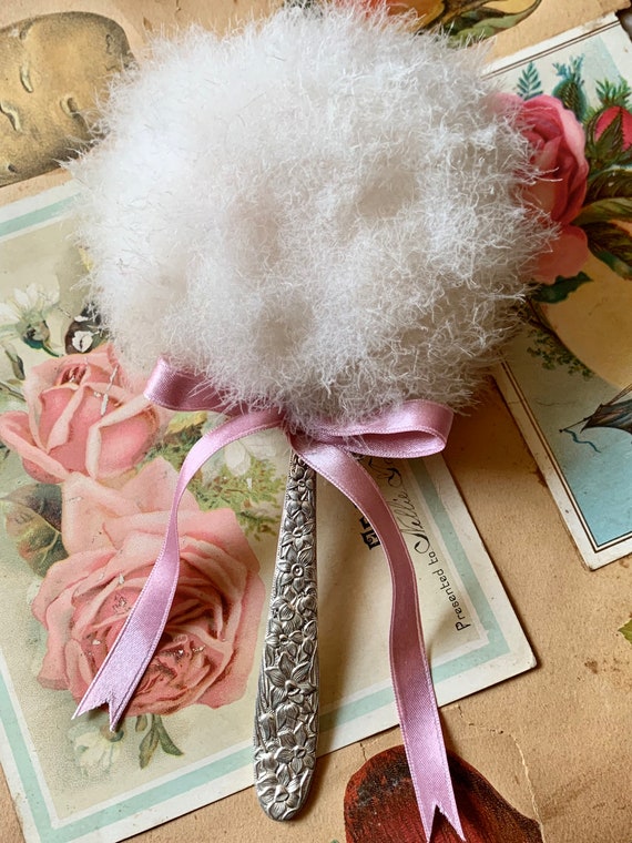 Vintage Powder Puff Wand Old Feather Swans Down Flapper Shabby Beauty Puff  With Handle 7.5 Inch 